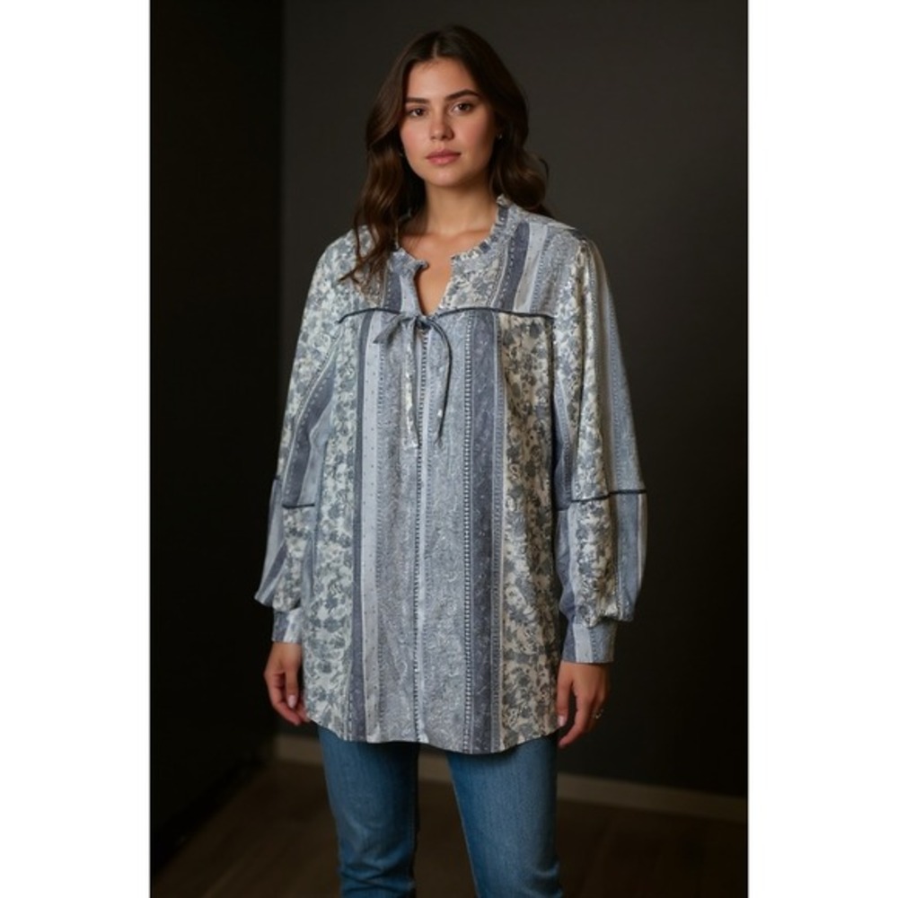 Como Blu Women's 2X Blue White Floral Print Peasant Blouse Top Tie‎ Neck